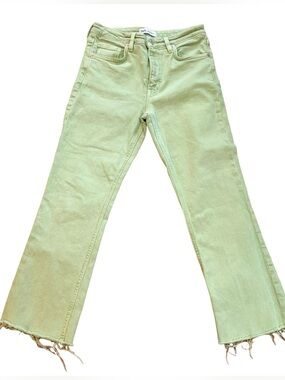 Zara Pistachio Mint Green High Rise Kick Flare Jeans Raw Hem Size 4